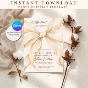 Neutral baby shower invite Canva template cream beige elegant ribbon invitation card
