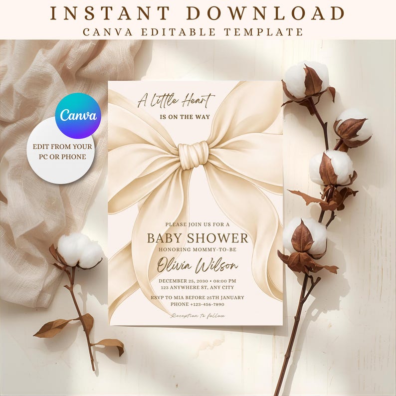 Neutral baby shower invite Canva template cream beige elegant ribbon invitation card