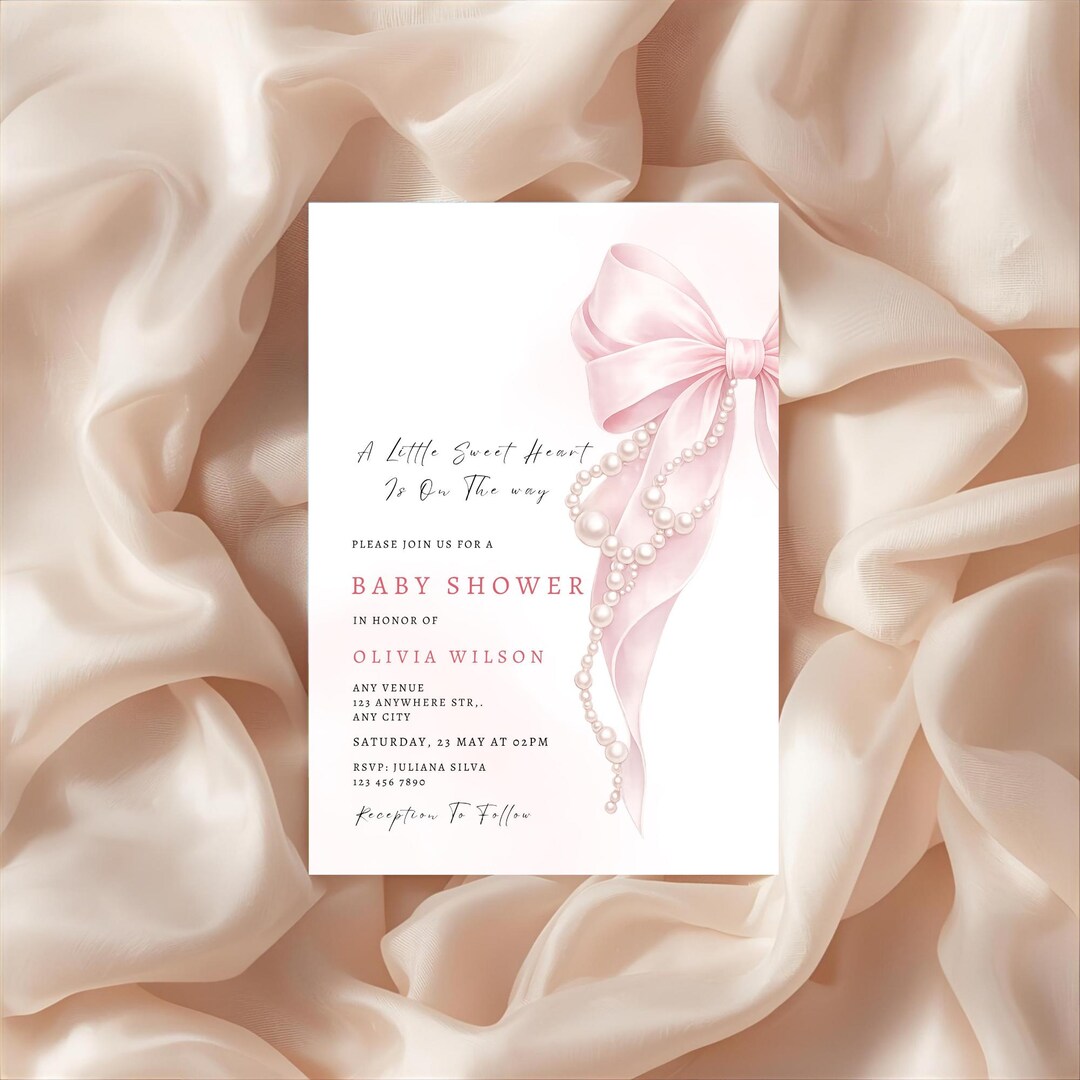 Pink Bow Baby Shower Invitation Template Editable in Canva Coquette ...
