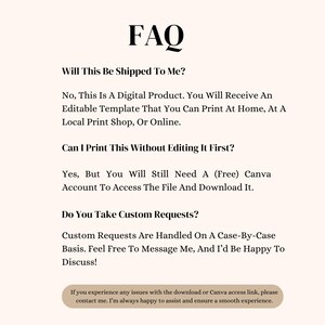 May include: Cream-colored digital product FAQ sheet with black text. The title "FAQ" is at the top. Questions include shipping, editing, and custom requests. The sheet provides information about the digital product.