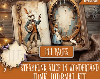 May include: Steampunk-themed junk journal kit featuring illustrations of the White Rabbit, Alice, and a clock. The journal includes 144 pages and is a digital download. The cover has an orange banner with the text "Steampunk Alice in Wonderland Junk Journal Kit."