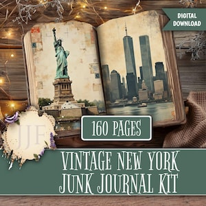 Peut inclure: Un kit de journal de style vintage ouvert avec 160 pages. Le journal présente des illustrations de la Statue de la Liberté et de la ligne d'horizon de New York. La couverture indique "Vintage New York Junk Journal Kit" et "Téléchargement numérique".