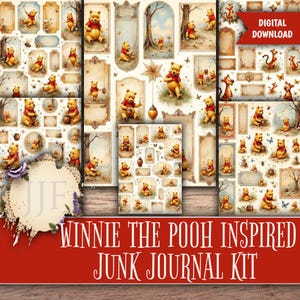 May include: A digital download featuring a Winnie the Pooh-themed junk journal kit. The kit includes various decorative elements, such as illustrations of Winnie the Pooh, frames, and butterflies, all in a vintage style. The text "Winnie the Pooh Inspired Junk Journal Kit" is displayed.