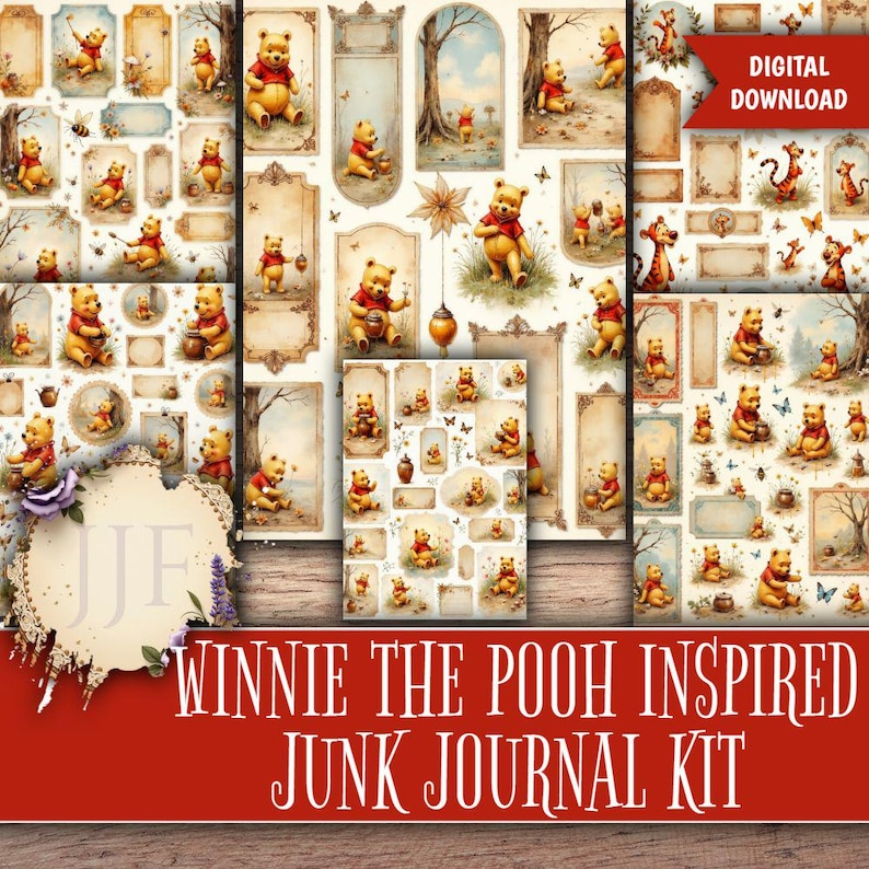 May include: A digital download featuring a Winnie the Pooh-themed junk journal kit. The kit includes various decorative elements, such as illustrations of Winnie the Pooh, frames, and butterflies, all in a vintage style. The text "Winnie the Pooh Inspired Junk Journal Kit" is displayed.