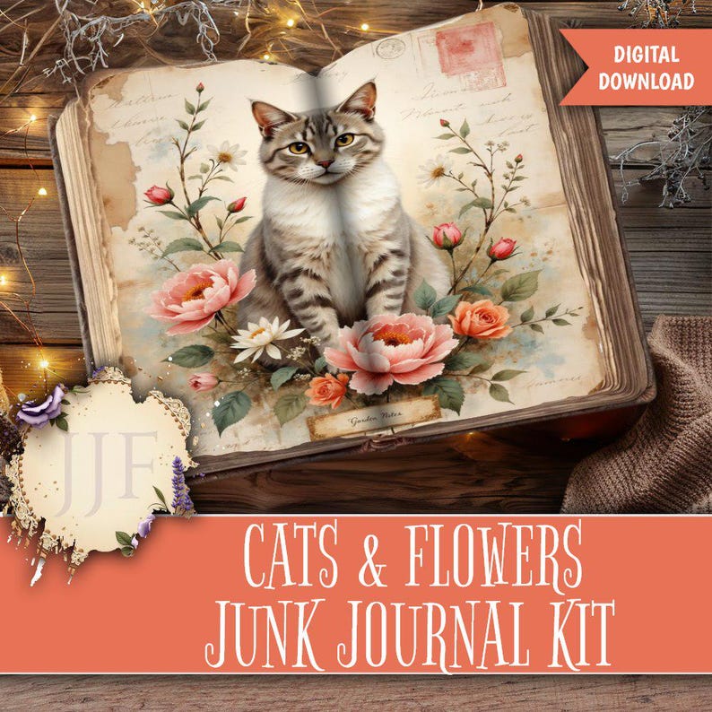 May include: Digital download of a vintage-style junk journal kit. The open book features a gray tabby cat surrounded by pink and orange flowers. The text "Cats & Flowers Junk Journal Kit" is displayed on an orange banner.