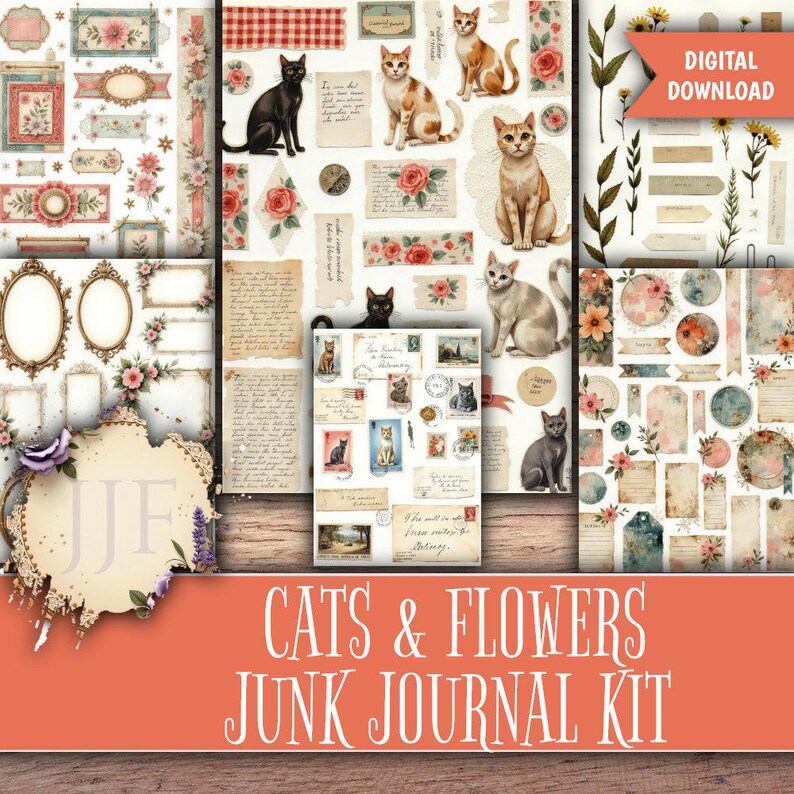 May include: A digital download junk journal kit featuring cats, flowers, and vintage ephemera. The kit includes various decorative elements such as frames, tags, and cat illustrations, with a color palette of pink, cream, and brown.