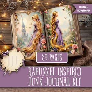 May include: A digital download junk journal kit featuring 89 pages with illustrations of a character with long blonde hair in a purple dress, castle towers, and floral accents. The text reads DIGITAL DOWNLOAD, 89 PAGES, and RAPUNZEL INSPIRED JUNK JOURNAL KIT.