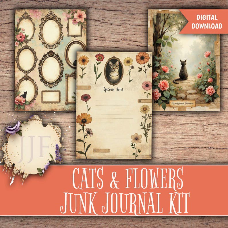May include: A digital download junk journal kit featuring cats and flowers. The kit includes decorative pages with vintage frames, floral accents, and a cat portrait. One page has the text "Specimen Notes". The kit also includes a page with a black cat in a garden.