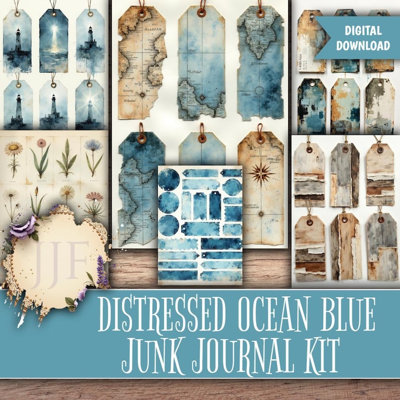 Distressed Ocean Blue Junk Journal Kit | Vintage Nautical Pages ...