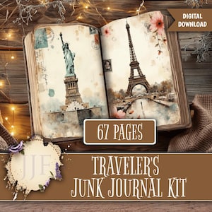 May include: Open journal with watercolor illustrations of the Statue of Liberty and the Eiffel Tower. The journal is labeled "Traveler's Junk Journal Kit" and includes the text "67 Pages" and "Digital Download". The journal has a vintage aesthetic.