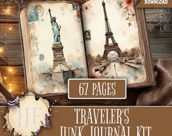 Traveler’s Junk Journal Kit | Vintage Travel Printable Pages & Ephemera | World Landmarks + Lined Journal Pages