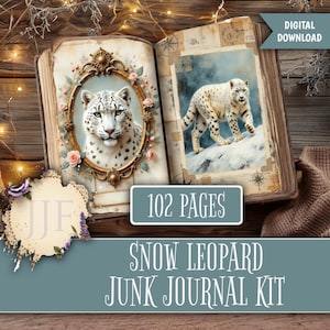 May include: An open book with illustrations of snow leopards. One image is framed with roses. The text "102 PAGES" is visible. The words "SNOW LEOPARD JUNK JOURNAL KIT" are displayed below. The words "DIGITAL DOWNLOAD" are in the upper right corner.