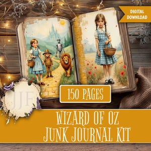 May include: A digital download of a Wizard of Oz junk journal kit. The open book features illustrations of Dorothy, the Tin Man, the Cowardly Lion, and the Scarecrow on a yellow brick road. The book has 150 pages and is a digital download.