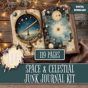 May include: An open junk journal kit with a celestial theme. The pages feature illustrations of telescopes, stars, and planets. The text "119 PAGES" and "SPACE & CELESTIAL JUNK JOURNAL KIT" are visible. The words "DIGITAL DOWNLOAD" are also visible.