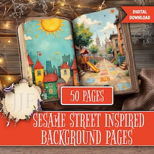 Könnte beinhalten: Ein aufgeschlagenes Buch mit 50 Seiten von Sesame Street inspirierten Hintergrundseiten. Die linke Seite zeigt eine gelbe Sonne über bunten Häusern, während die rechte Seite einen Spielplatz mit einer Rutsche und nummerierten Feldern darstellt.
