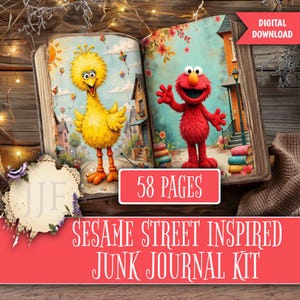 May include: A digital download junk journal kit featuring 58 pages with illustrations of a yellow bird character and a red furry character. The open book display shows a sunny outdoor scene on the left and a house exterior on the right.