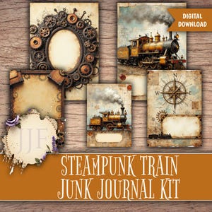 May include: A digital download of a steampunk-themed junk journal kit. The kit includes several vintage-style pages with images of trains, gears, and a compass. The color palette is primarily brown, beige, and gold, with a distressed, aged appearance.