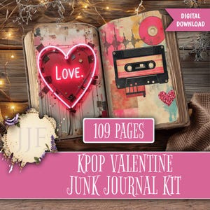 Może przedstawiać: Cyfrowy zestaw do dziennika śmieci Kpop Valentine. Otwarta książka przedstawia neonowe serce ze słowem "Love" i ilustracją kasety. Dziennik ma 109 stron i jest osadzony na rustykalnym drewnianym tle.