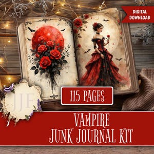 May include: Open book with illustrations of a red moon and a woman in a red and black dress. The text "Vampire Junk Journal Kit" is displayed on a red banner. The book has 115 pages and is a digital download.