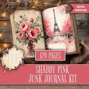 Puede incluir: Libro abierto con ilustraciones en acuarela. Una página presenta un ramo de peonías rosas, la otra una escena callejera parisina con la Torre Eiffel. El texto dice "129 páginas" y "Shabby Pink Junk Journal Kit."