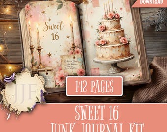 Sweet 16 Junk Journal Kit | Birthday Printable Pages, Pink Party Ephemera, Vintage Girls Journal, Birthday Scrapbook Paper
