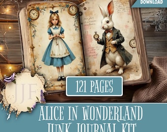 Könnte beinhalten: Ein aufgeschlagenes Buch mit Illustrationen von Alice im Wunderland-Charakteren. Die linke Seite zeigt Alice in einem blauen Kleid, die rechte Seite das weiße Kaninchen. Der Text "121 PAGES" und "ALICE IN WONDERLAND JUNK JOURNAL KIT" sind ebenfalls sichtbar.