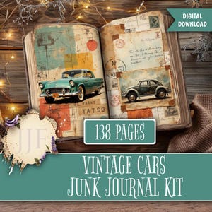 Könnte beinhalten: Ein Vintage-Junk-Journal-Kit mit klassischen Autoillustrationen. Das offene Buch zeigt Bilder eines türkisfarbenen Cabrios und einer schwarzen Limousine. Das Journal umfasst 138 Seiten und ist als digitaler Download erhältlich.