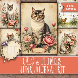 May include: A digital junk journal kit featuring illustrations of cats and flowers. The images include cats with floral arrangements, a cat wearing a flower crown, and a cat with a bouquet. The color palette includes pink, beige, and brown tones.