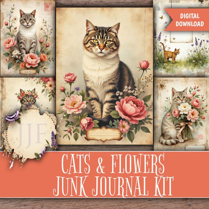 May include: A digital junk journal kit featuring illustrations of cats and flowers. The images include cats with floral arrangements, a cat wearing a flower crown, and a cat with a bouquet. The color palette includes pink, beige, and brown tones.