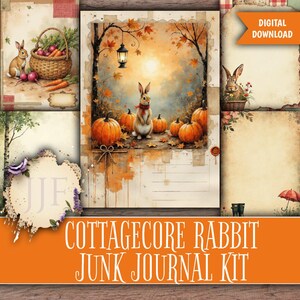 May include: A digital download featuring a cottagecore-themed junk journal kit. The image showcases illustrations of rabbits, pumpkins, and autumn foliage. The kit includes various paper designs with vintage aesthetics, perfect for crafting and scrapbooking projects.