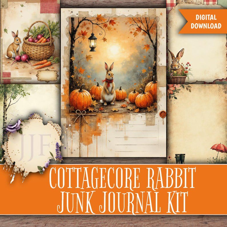 May include: A digital download featuring a cottagecore-themed junk journal kit. The image showcases illustrations of rabbits, pumpkins, and autumn foliage. The kit includes various paper designs with vintage aesthetics, perfect for crafting and scrapbooking projects.