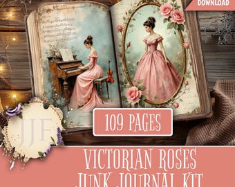 May include: Open book with illustrations of women in pink dresses, roses, and musical instruments. The text "109 PAGES" is displayed on a pink rectangle. The title "VICTORIAN ROSES JUNK JOURNAL KIT" is also visible.