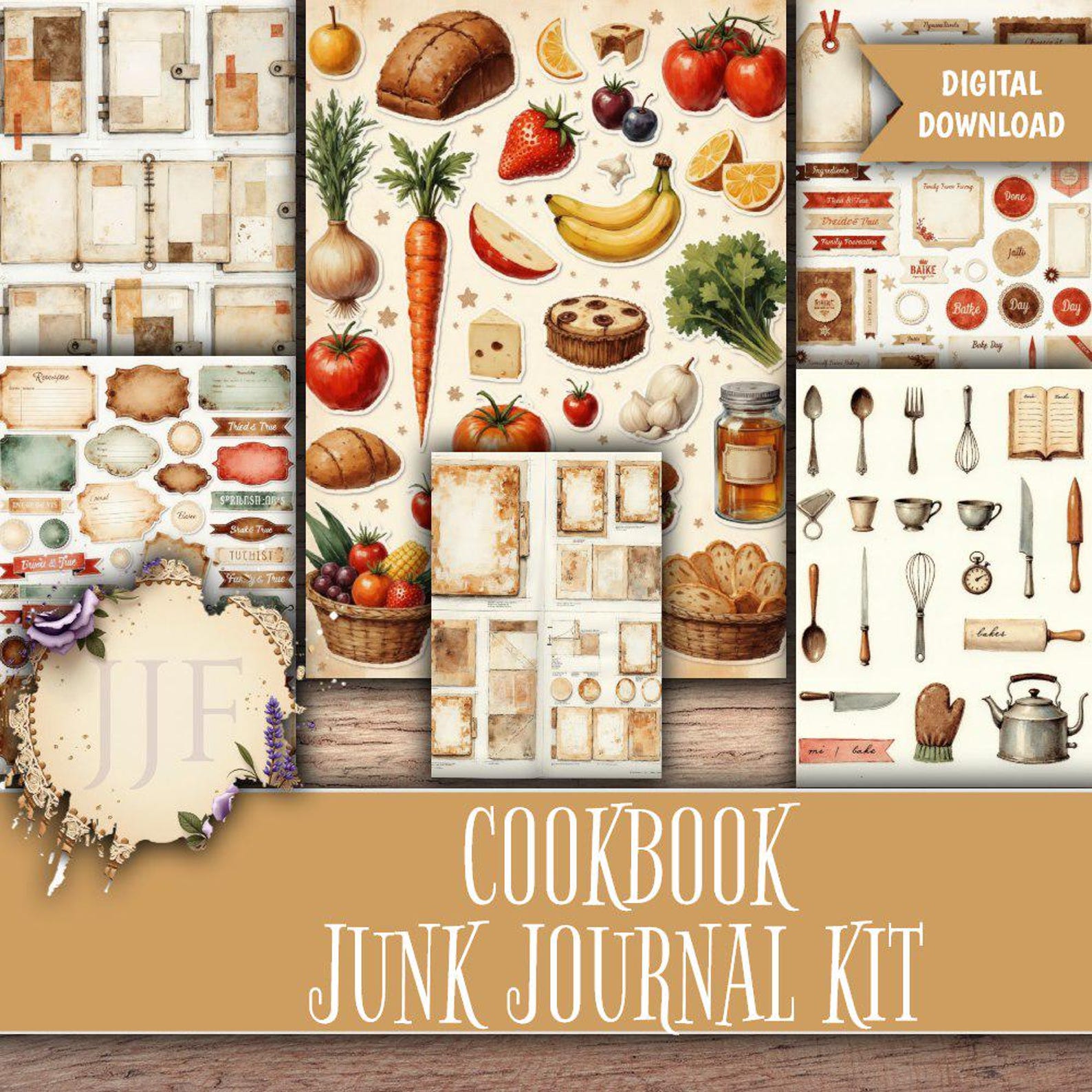 Cookbook Junk Journal Kit Printable | Recipe Journal Pages + Ephemera ...