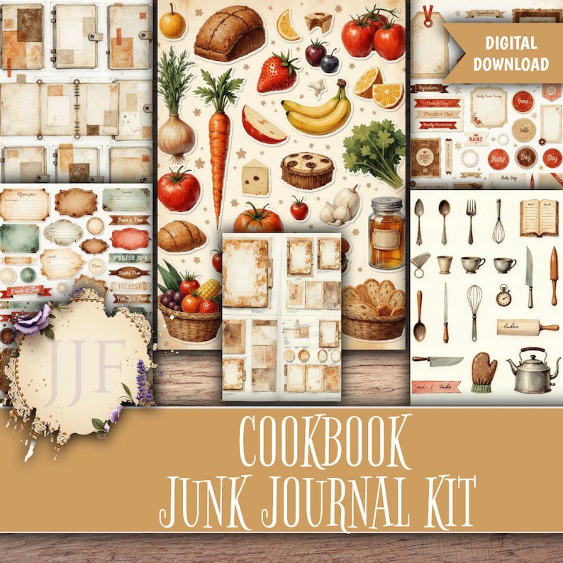 Cookbook Junk Journal Kit Printable | Recipe Journal Pages + Ephemera ...