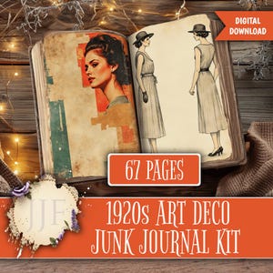May include: A vintage-style junk journal kit with a 1920s Art Deco theme. The open book displays illustrations of women in dresses and a portrait of a woman. The kit includes 67 pages and is available as a digital download.