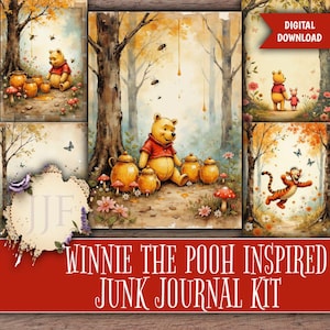 May include: A digital download featuring a Winnie the Pooh-inspired junk journal kit. The artwork includes illustrations of Winnie the Pooh, honey pots, and Tigger in a forest setting with a warm color palette of yellows, oranges, and browns.