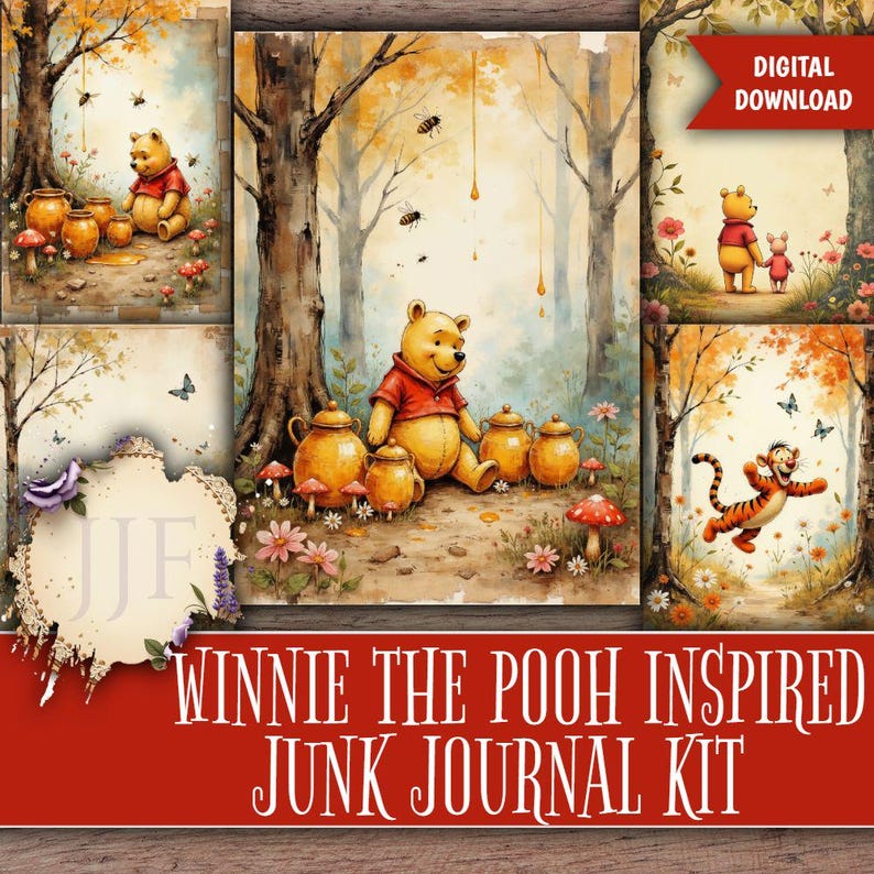 May include: A digital download featuring a Winnie the Pooh-inspired junk journal kit. The artwork includes illustrations of Winnie the Pooh, honey pots, and Tigger in a forest setting with a warm color palette of yellows, oranges, and browns.