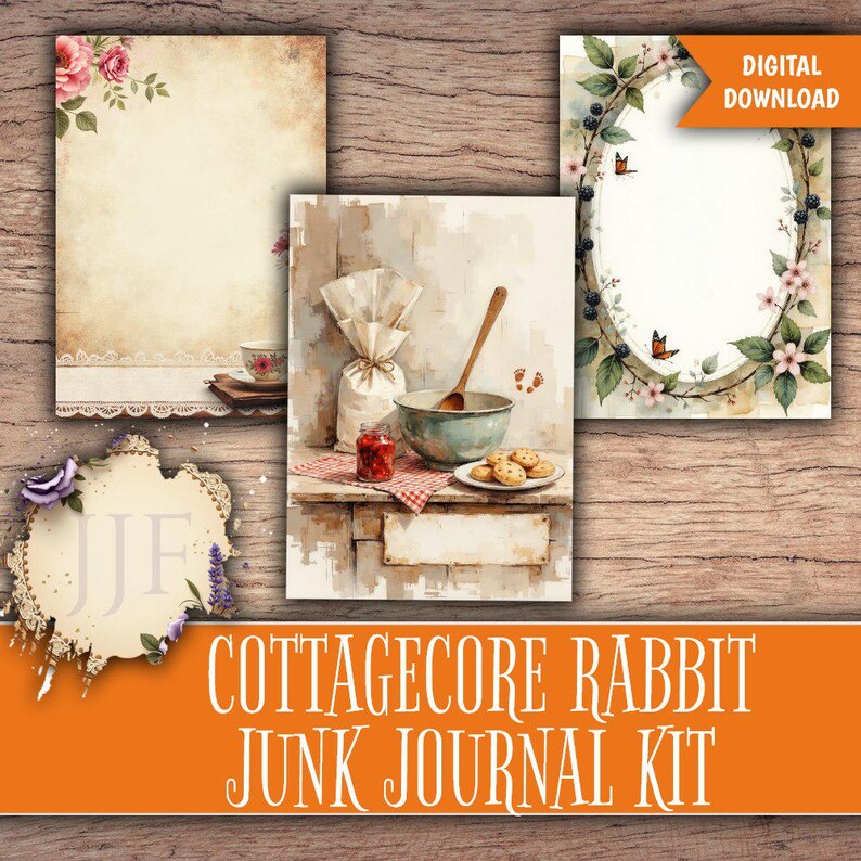 May include: A digital download junk journal kit with a cottagecore theme. The kit includes printable pages with floral and kitchen-themed illustrations, including a teacup, cookies, and a bowl with a wooden spoon. The text "Digital Download" is visible.