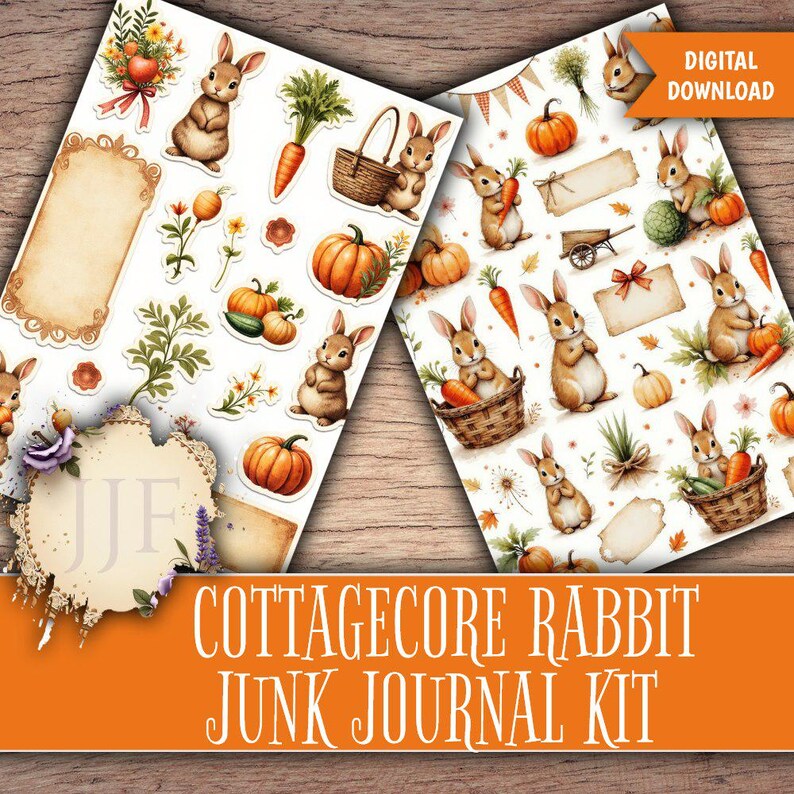 May include: Digital download of a Cottagecore Rabbit Junk Journal Kit. The image features two sheets of stickers with watercolor illustrations of rabbits, pumpkins, carrots, and floral elements. The text "DIGITAL DOWNLOAD" is in the upper right corner.