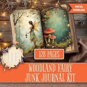 May include: An open book with fairy-themed illustrations. The left page depicts a fairy with a lantern, the right page shows mushrooms. Text includes "128 PAGES" and "WOODLAND FAIRY JUNK JOURNAL KIT".