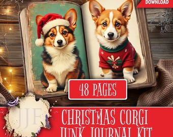 May include: A digital download featuring a Christmas Corgi Junk Journal Kit. The image shows two corgis in a vintage book. One corgi wears a Santa hat, the other a red sweater. The text reads "48 Pages" and "Digital Download".