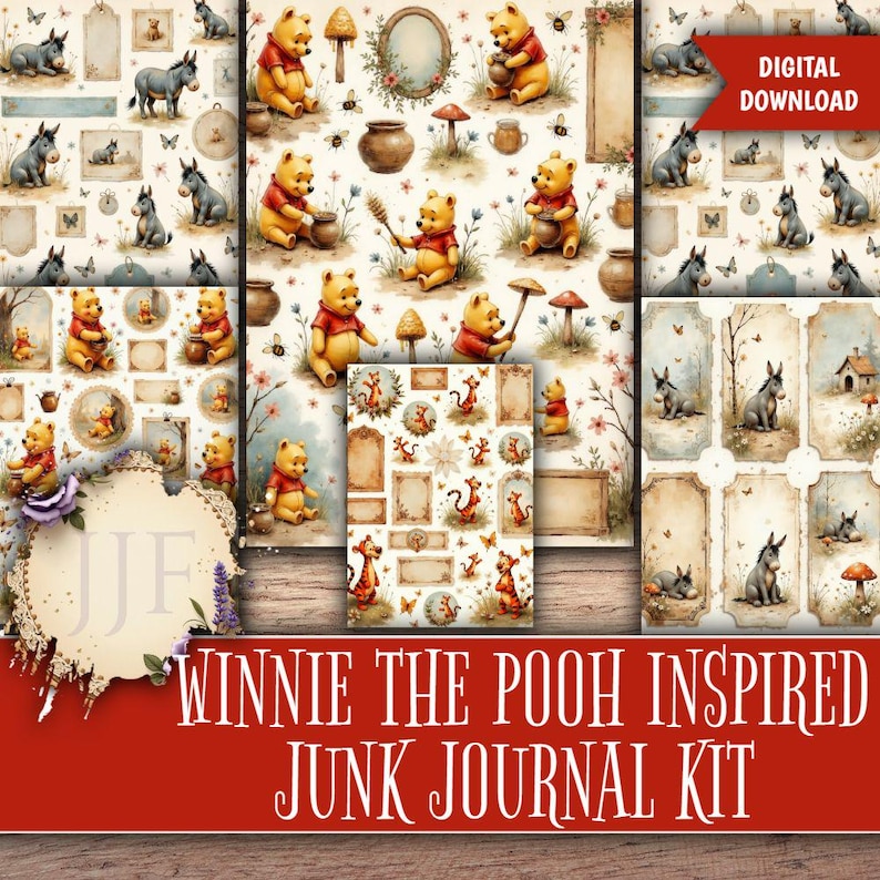 May include: A digital download junk journal kit with Winnie the Pooh-inspired designs. The kit includes various patterned papers featuring illustrations of Winnie the Pooh, donkeys, mushrooms, and frames. The color palette is soft, with beige, yellow, and brown tones.