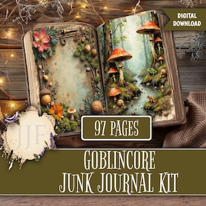 Goblincore Junk Journal Kit, Printable Woodland Pages, Mossy Forest Ephemera, Mushroom Scrapbook Paper, nature junk journal elements