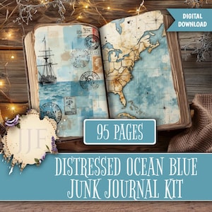 May include: An open book with distressed ocean blue pages. One page shows a ship illustration, the other a map of the United States. The text "95 PAGES" is displayed, along with "DISTRESSED OCEAN BLUE JUNK JOURNAL KIT" and "DIGITAL DOWNLOAD".