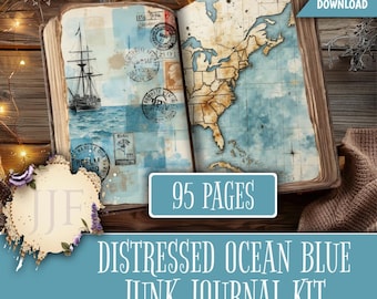 Distressed Ocean Blue Junk Journal Kit | Vintage Nautical Pages & Ephemera, Antique Coastal Printable Journal Bundle