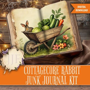 May include: A digital illustration of a vintage book open to a page with a wooden wheelbarrow filled with vegetables and a rabbit. The image is labeled "Cottagecore Rabbit Junk Journal Kit" and includes a "Digital Download" tag.