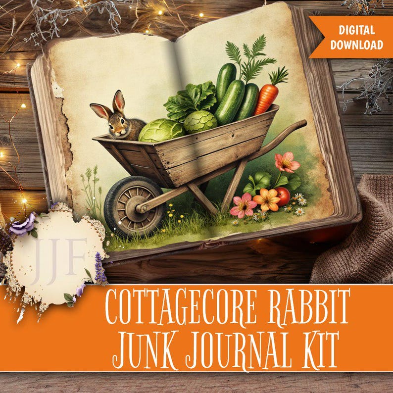 May include: A digital illustration of a vintage book open to a page with a wooden wheelbarrow filled with vegetables and a rabbit. The image is labeled "Cottagecore Rabbit Junk Journal Kit" and includes a "Digital Download" tag.