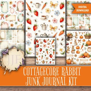 May include: A digital download featuring a Cottagecore Rabbit Junk Journal Kit. The kit includes various decorative elements such as tags, flowers, strawberries, carrots, teacups, teapots, bows, and bunnies. The color palette is soft and pastel.