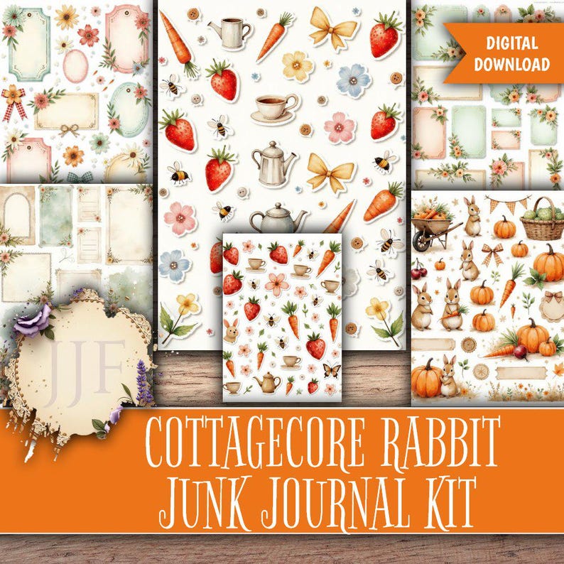 May include: A digital download featuring a Cottagecore Rabbit Junk Journal Kit. The kit includes various decorative elements such as tags, flowers, strawberries, carrots, teacups, teapots, bows, and bunnies. The color palette is soft and pastel.