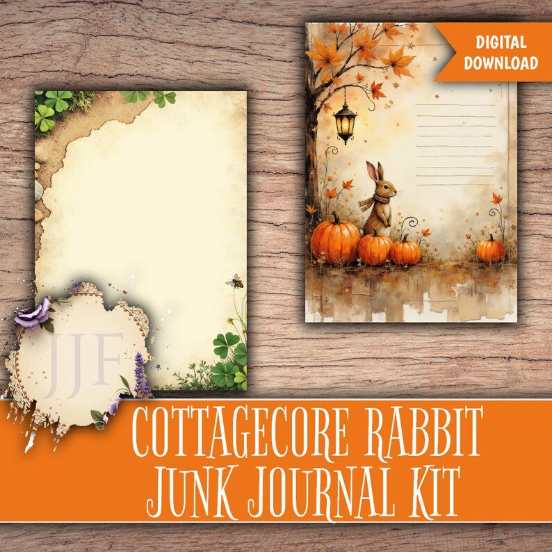 May include: A digital download of a Cottagecore Rabbit Junk Journal Kit. The kit includes two pages with watercolor illustrations. One page features a rabbit with pumpkins, and the other has a floral and botanical design.